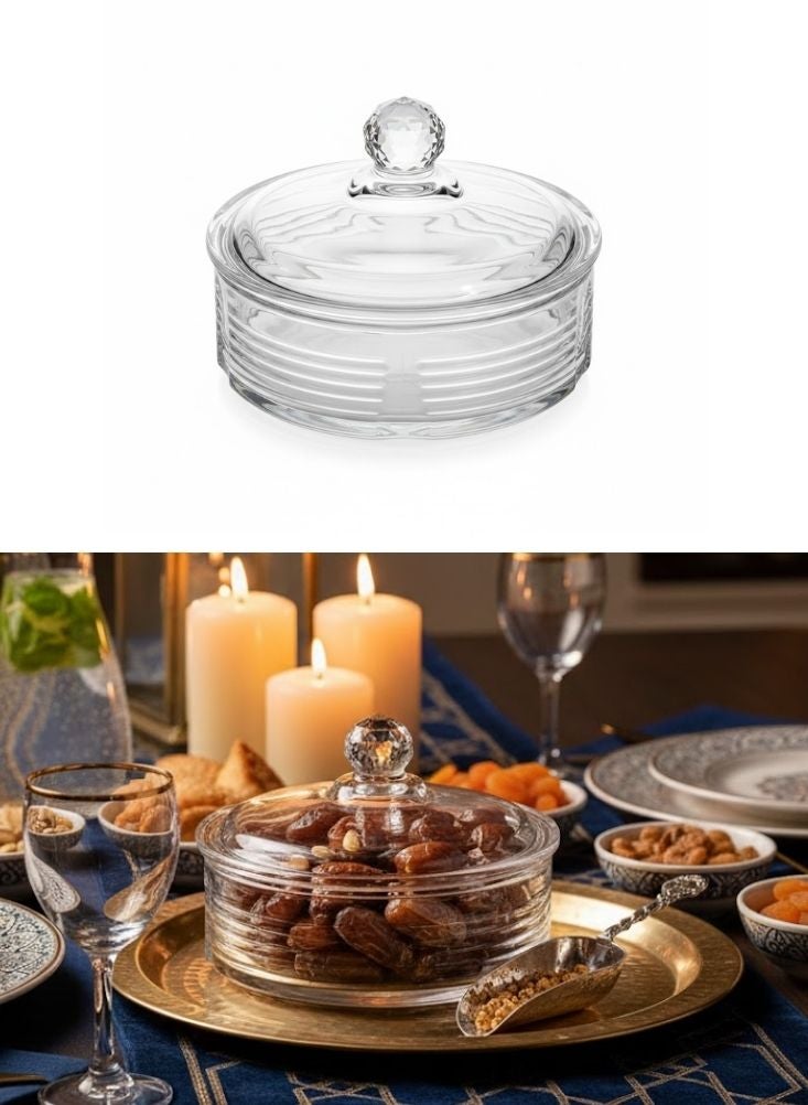 بريميم وعاء تخزين زجاجي دائري شفاف مع غطاء كريستالي قطعة واحدة وعاء فاخر للحلوى والتمر - Image 1